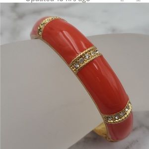 J. Crew Bangle Bracelet Coral Orange Gold Enamel with Rhinestones Hinge Opening.
